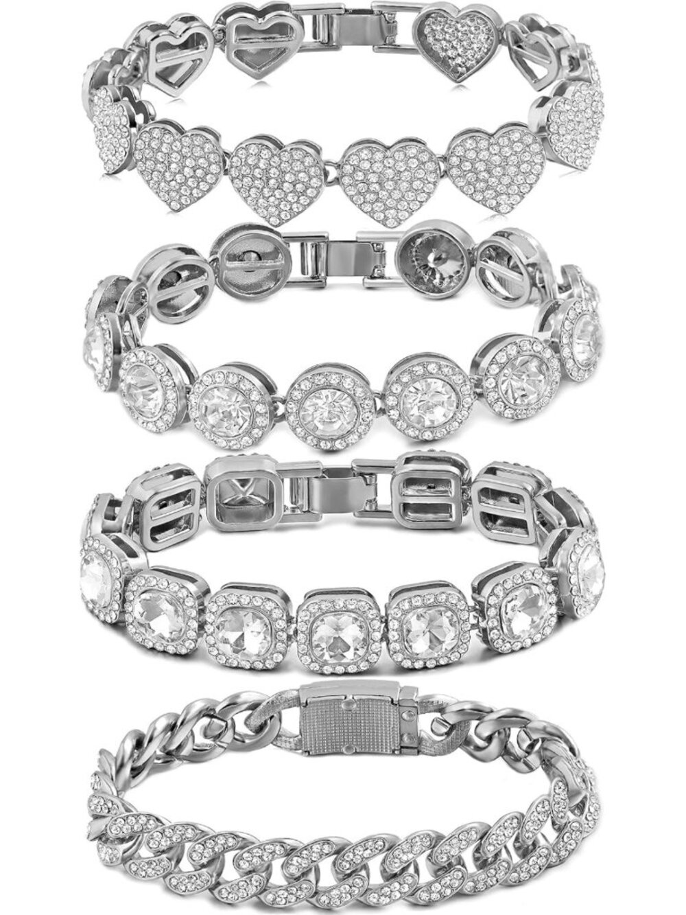 4PCS Gold & Silver Layered Bracelet Set for Women - Tennis, Heart, Diamond